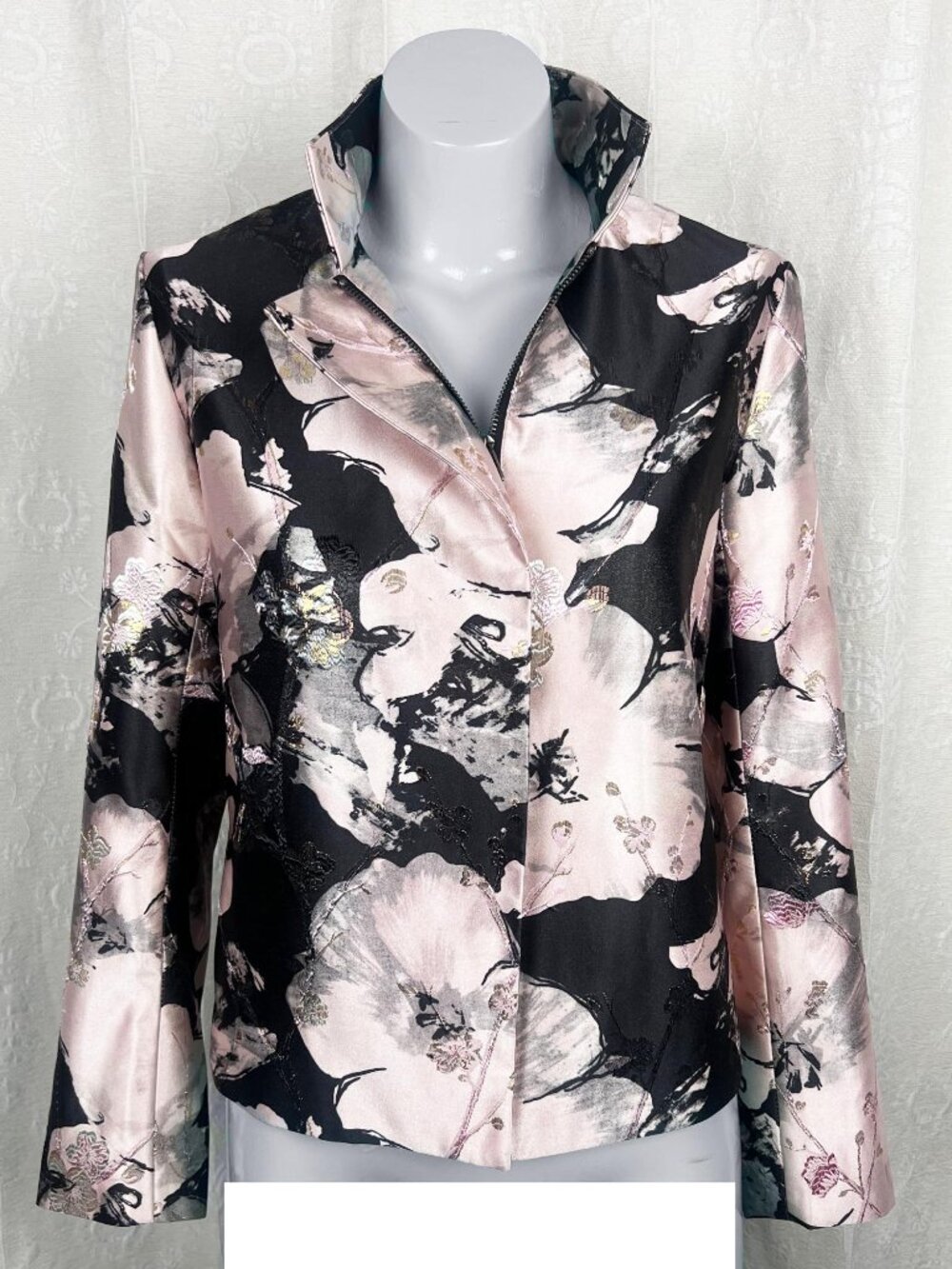 NWT Dolce Cabo pink floral jacquard satin full-zip jacket oriental embroidered S